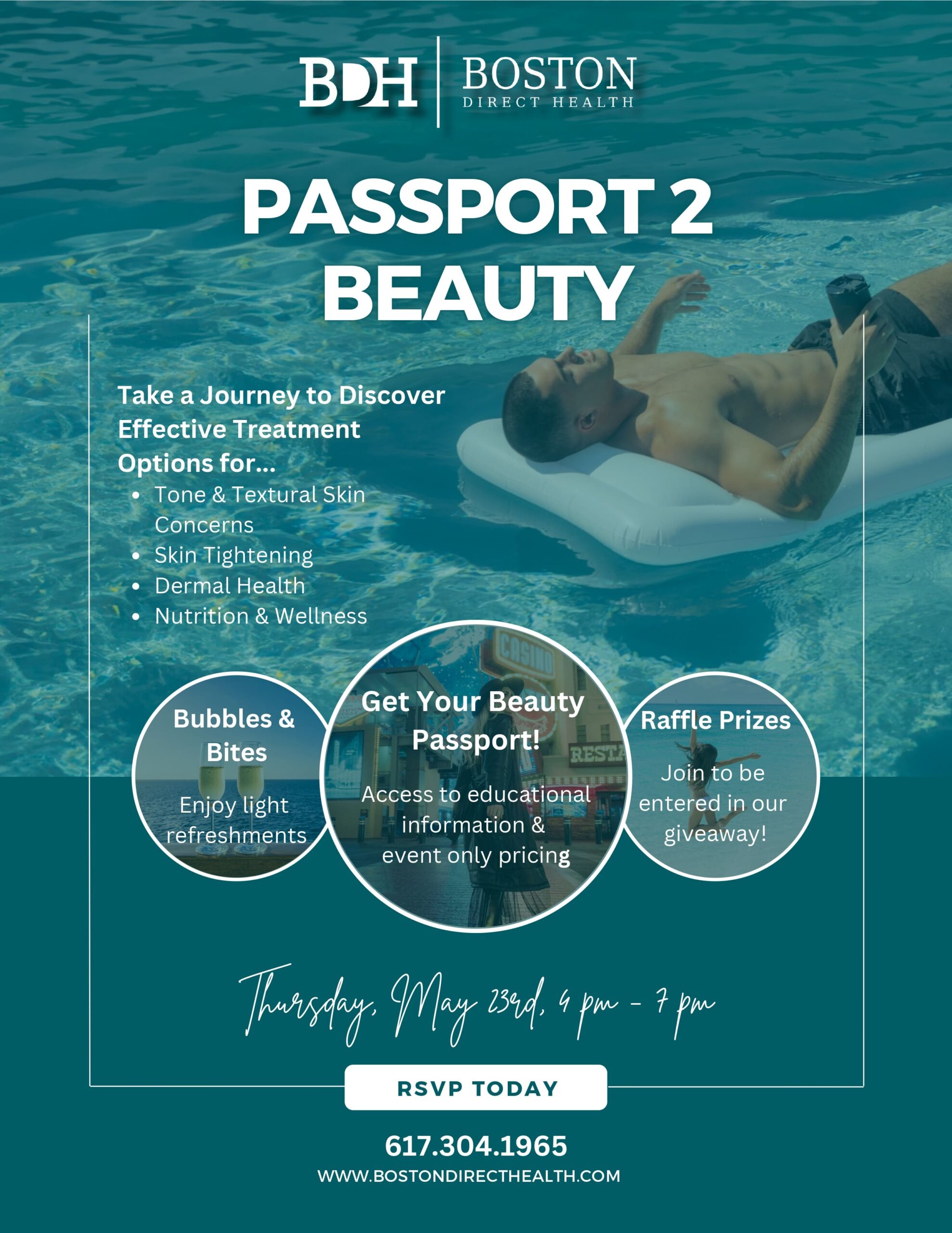 Graphic of the Passport 2 Beauty event with event information. Please call us at 617-304-1965 to learn more.